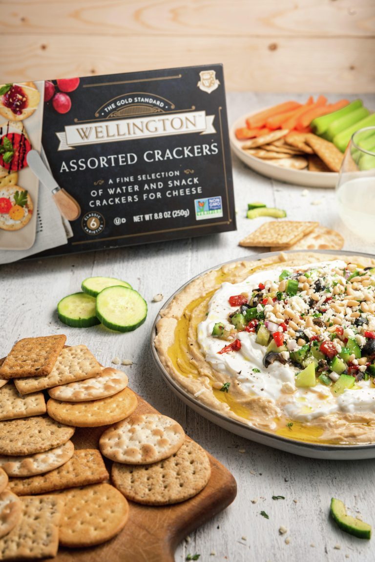 Greek Layered Hummus Dip with Wellington Assorted Crackers